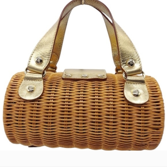 Vintage Kate Spade Woven Barrel Handbag - Gold And Tan - Picture 2 of 7